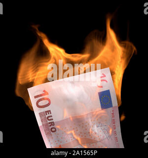 Note dix euros, Euros, en feu Banque D'Images