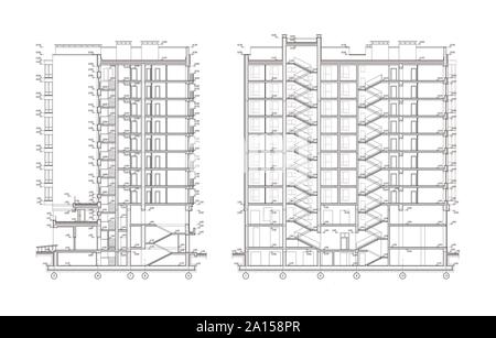 Immeuble de plusieurs étages, la section d'architecture détaillée dessin technique, plan vectoriel Illustration de Vecteur