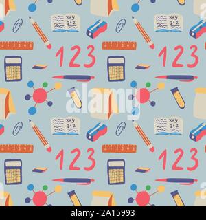 Retour à l'école modèle transparent sur fond bleu. Le déjeuner, calculatrice, la molécule, la chimie etc des éléments graphiques. Fond d'backgdrop l'éducation moderne design. Vector illustration dessiné à la main. Illustration de Vecteur