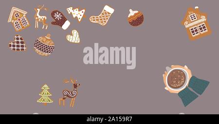 Ensemble d'éléments isolés designer pour Noël et Nouvel An - d'épices, cadeaux, pommes de pin, branches d'épinette, les mitaines, les mains avec un verre d'eau chaude Illustration de Vecteur