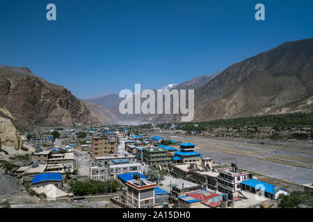 Aperçu de Jomsom et son aéroport, Mustang, Népal Banque D'Images