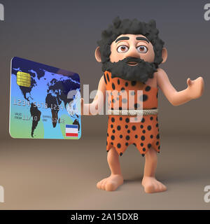 Dessin animé 3d caveman préhistorique à caractère payant commander avec une carte de crédit, l'illustration 3D render Banque D'Images