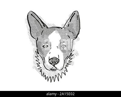 Retro cartoon style dessin de tête d'un chien Welsh Corgi Cardigan , un chien domestique ou race canine isolé sur fond blanc en noir et whit
