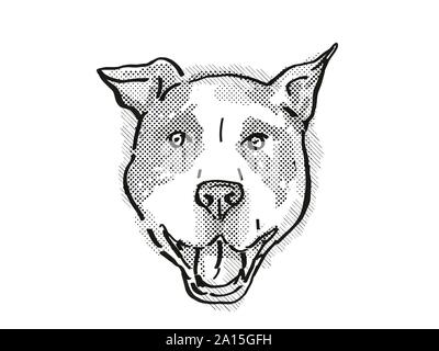 Retro cartoon style dessin de tête d'un bull-terrier américain de mine , un chien domestique ou race canine isolé sur fond blanc en noir et w Banque D'Images