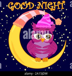 Bonne nuit de sommeil avec carte lune et cute owl. Cute cartoon owl coquettish dormant assis sur le croissant contre le ciel de nuit avec des étoiles Illustration de Vecteur