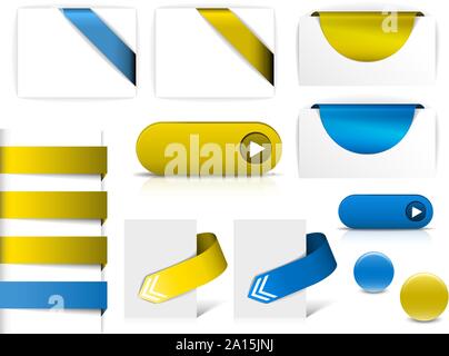 Éléments du vecteur bleu et jaune pour les pages web - boutons, flèches de navigation, communication, insignes, rubans, Illustration de Vecteur