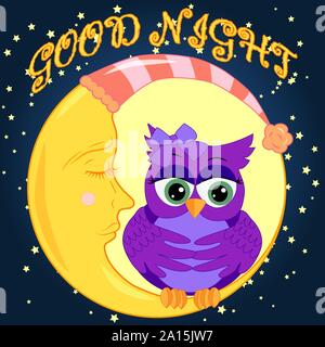 Bonne nuit de sommeil avec carte lune et cute owl. Cute cartoon owl coquettish dormant assis sur le croissant contre le ciel de nuit avec des étoiles Illustration de Vecteur