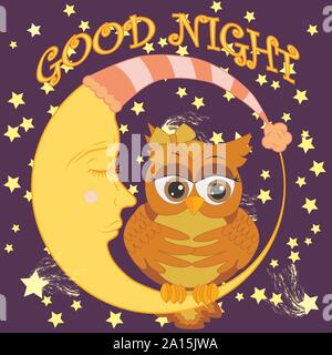 Bonne nuit de sommeil avec carte lune et cute owl. Cute cartoon owl coquettish dormant assis sur le croissant contre le ciel de nuit avec des étoiles Illustration de Vecteur