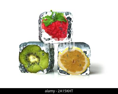 Fruits dans des cubes de glace isolés sur fond blanc, rendu 3d Banque D'Images