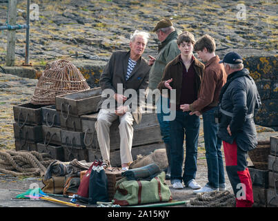 22 septembre 2019. Keiss Harbour, Highlands, Scotland, UK. C'est une scène du tournage de la Couronne concernant le meurtre de Lord Mountbatten en Irlande. Banque D'Images