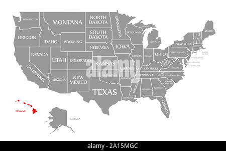 Hawaii a souligné en rouge carte des États-Unis d'Amérique Banque D'Images