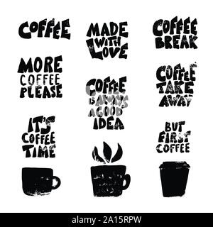 Tasses à café grunges avec silhouette précédemment isolé sur fond blanc. Le café à emporter, fait avec amour des phrases. Emblèmes avec handdrawn lettrage. V Illustration de Vecteur