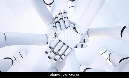 Le rendu de trois robots stacking hands, close-up Banque D'Images
