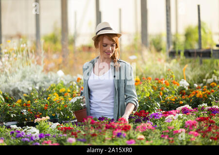 Belle jeune femme prendre soin des fleurs dans la serre Banque D'Images