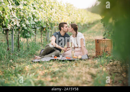 Kissing young couple having picnic dans les vignes Banque D'Images