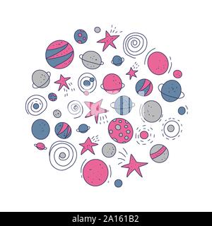 Badge rond d'objets spatiaux et de symboles. Vector hand drawn doodles circle composition. Illustration de Vecteur