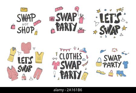 Partie Swap. emblèmes Lettrage en décoration style doodle. Modèles des affiches pour les vêtements, chaussures et accessoires exchange event. Vector illustratio Illustration de Vecteur