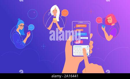 La main de l'homme détient smart phone avec messenger app et le clavier à l'écran. Illustration vecteur gradient de personnes à l'aide de mobile smartphone SMS message Illustration de Vecteur