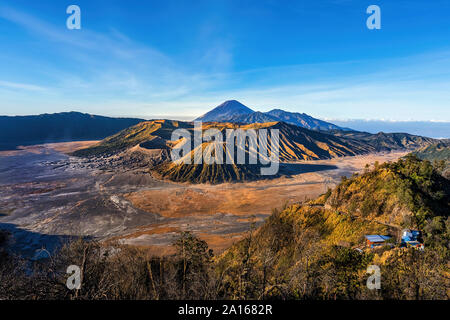 Vue aérienne du Mont Bromo est un volcan actif et une partie de l'Tengger massif, dans l'Est de Java, Indonésie. Célèbre destination voyage backpacker Banque D'Images