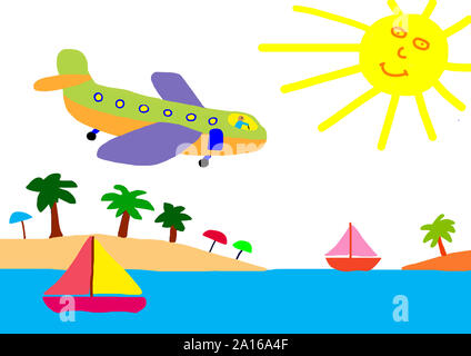 Dessin d'enfant de l'avion au-dessus d'une plage Banque D'Images