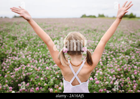 Vue arrière du girl with ponytails avec fleurs de trèfle Banque D'Images