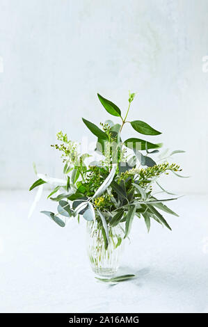 Bouquet de branches d'arbre vert (eucalyptus, d'oliviers sauvages) et le jaune des fleurs dans vase en verre Banque D'Images