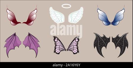 Ensemble d'ailes d'êtres magiques : fée, dragon, Ange, démon, sorcière, chauve-souris, papillon Illustration de Vecteur