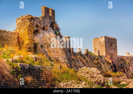 Soleil panoramique vue sur château de Methoni en Messénie, Péloponnèse, Grèce Banque D'Images