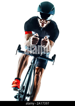 Triathlon Triathlon Vélo Cycliste dans l'ombre silhouette studio isolé sur fond blanc Banque D'Images