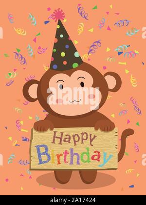 Anniversaire Monkey Cartoon carte de souhaits Illustration de Vecteur