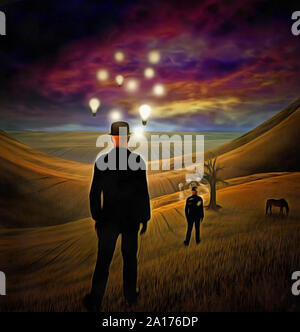 Peinture surréaliste. Man in suit se tient dans le champ. Ampoules de lumière autour de sa tête représente des idées Banque D'Images