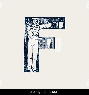 Lettre capitale de décoration Marine F. ancien style. Les vagues et la mer en lettre. Old Vintage de caractères. Modifiable et monogramme en couches. Hand drawn Illustration de Vecteur