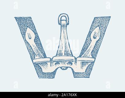 Capital de décoration Marine lettre W. ancien style. Les vagues et la mer en lettre. Old Vintage de caractères. Modifiable et monogramme en couches. Hand drawn Illustration de Vecteur