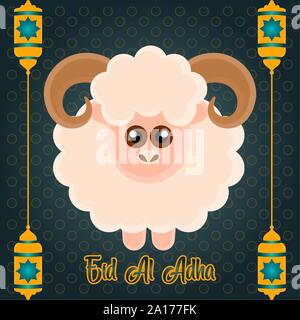 L'Eid al Adlha poster avec un bélier et lanternes - Vector illustration Illustration de Vecteur