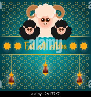 L'Eid al Adlha poster avec moutons, ram et lanternes - Vector illustration Illustration de Vecteur