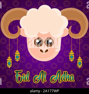 L'Eid al Adlha poster avec un bélier et lanternes - Vector illustration Illustration de Vecteur