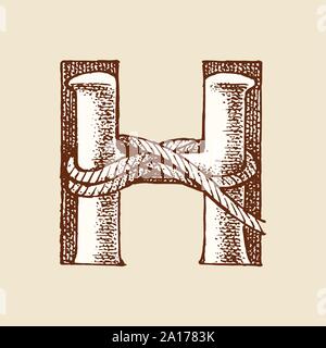 Lettre capitale de décoration Marine H. ancien style. Les vagues et la mer en lettre. Old Vintage de caractères. Modifiable et monogramme en couches. Hand drawn Illustration de Vecteur