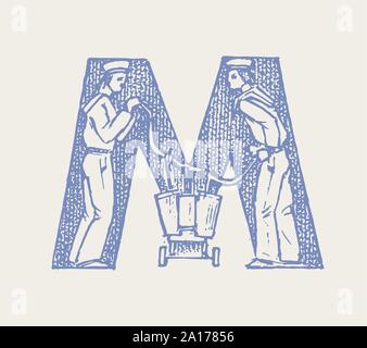 Capital de décoration Marine lettre M. ancien style. Les vagues et la mer en lettre. Old Vintage de caractères. Modifiable et monogramme en couches. Hand drawn Illustration de Vecteur