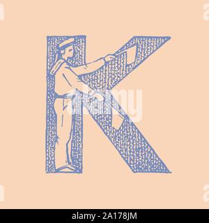 Lettre capitale de décoration Marine K. ancien style. Les vagues et la mer en lettre. Old Vintage de caractères. Modifiable et monogramme en couches. Hand drawn Illustration de Vecteur