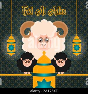 L'Eid al Adlha poster avec moutons, ram et lanternes - Vector illustration Illustration de Vecteur