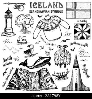 Ensemble de l'Islande des symboles dans un style vintage. Signes nationaux traditionnels sur fond blanc. La culture scandinave. Contours dessinés à la main, croquis doodle Illustration de Vecteur