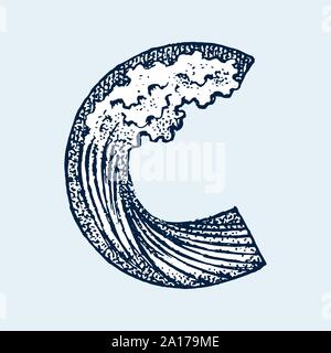 Lettre capitale de décoration Marine C. ancien style. Les vagues et la mer en lettre. Old Vintage de caractères. Modifiable et monogramme en couches. Hand drawn Illustration de Vecteur