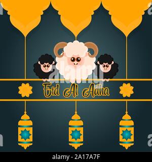 L'Eid al Adlha poster avec moutons, ram et lanternes - Vector illustration Illustration de Vecteur