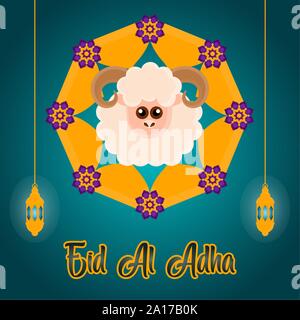 L'Eid al Adlha poster avec arabesque, ram et lanternes - Vector illustration Illustration de Vecteur