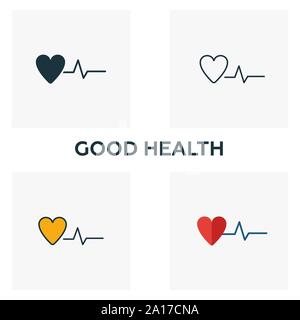 Une bonne santé icon set. Quatre éléments dans diférents styles à partir d'icônes de la communauté collection. Une bonne santé créative rempli d'icônes de couleur, contours, et télévision Illustration de Vecteur