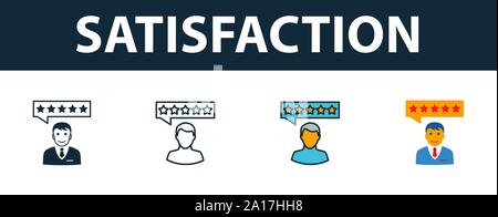 Satisfaction icon set. Symbole Premium dans différents modèles de service à la clientèle collection d'icônes. L'icône de satisfaction créative, remplie de couleur, contours Illustration de Vecteur