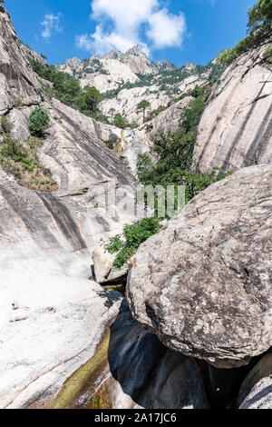 Les gens canyoning dans le célèbre Canyon Purcaraccia à Bavella en été, une destination touristique et l'attraction. Corse, France Banque D'Images