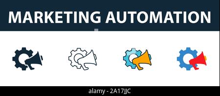 L'automatisation du marketing icon set. Symbole Premium dans diférents styles à partir d'icônes crm collection. L'icône d'automatisation du marketing créatif rempli, contours Illustration de Vecteur