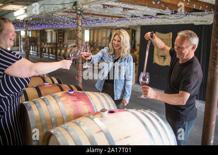 Vigneron et dégustation des vins d'amis en fûts à un vignoble local. Banque D'Images