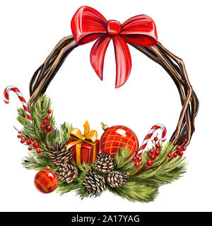 Couronne de Noël, noël ornement décoratif, l'art illustration peinte avec aquarelles isolé sur fond blanc. Banque D'Images